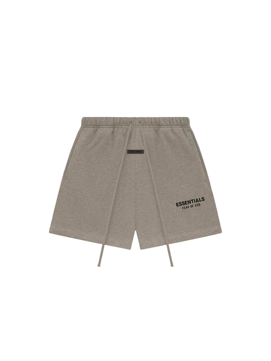 Fear of God Essentials shorts in a Homestead Heather colorway.